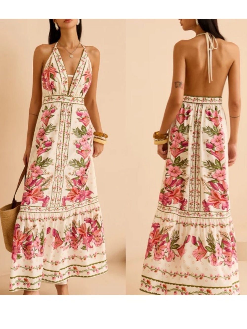 COMMENSE Pink Green Floral Print Halter Open Back Maxi Dress NWT
